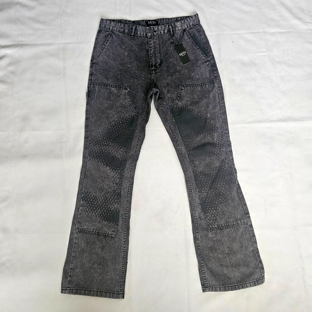 Men's Washed Charcoal Patchwork Jeans - Picture 3 of 16